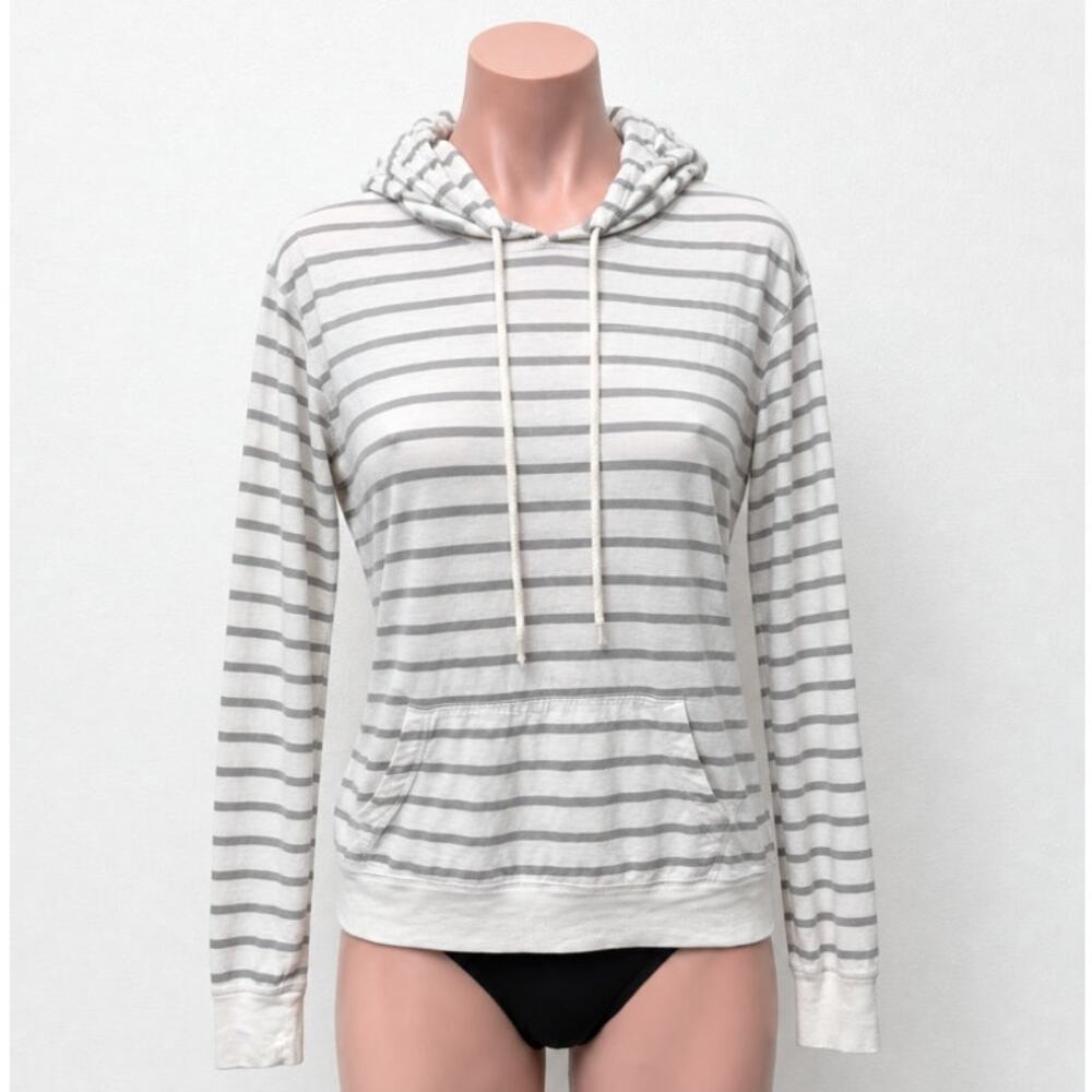 Old Navy White & Gray Striped Pullover Front Pocket Hoodie L